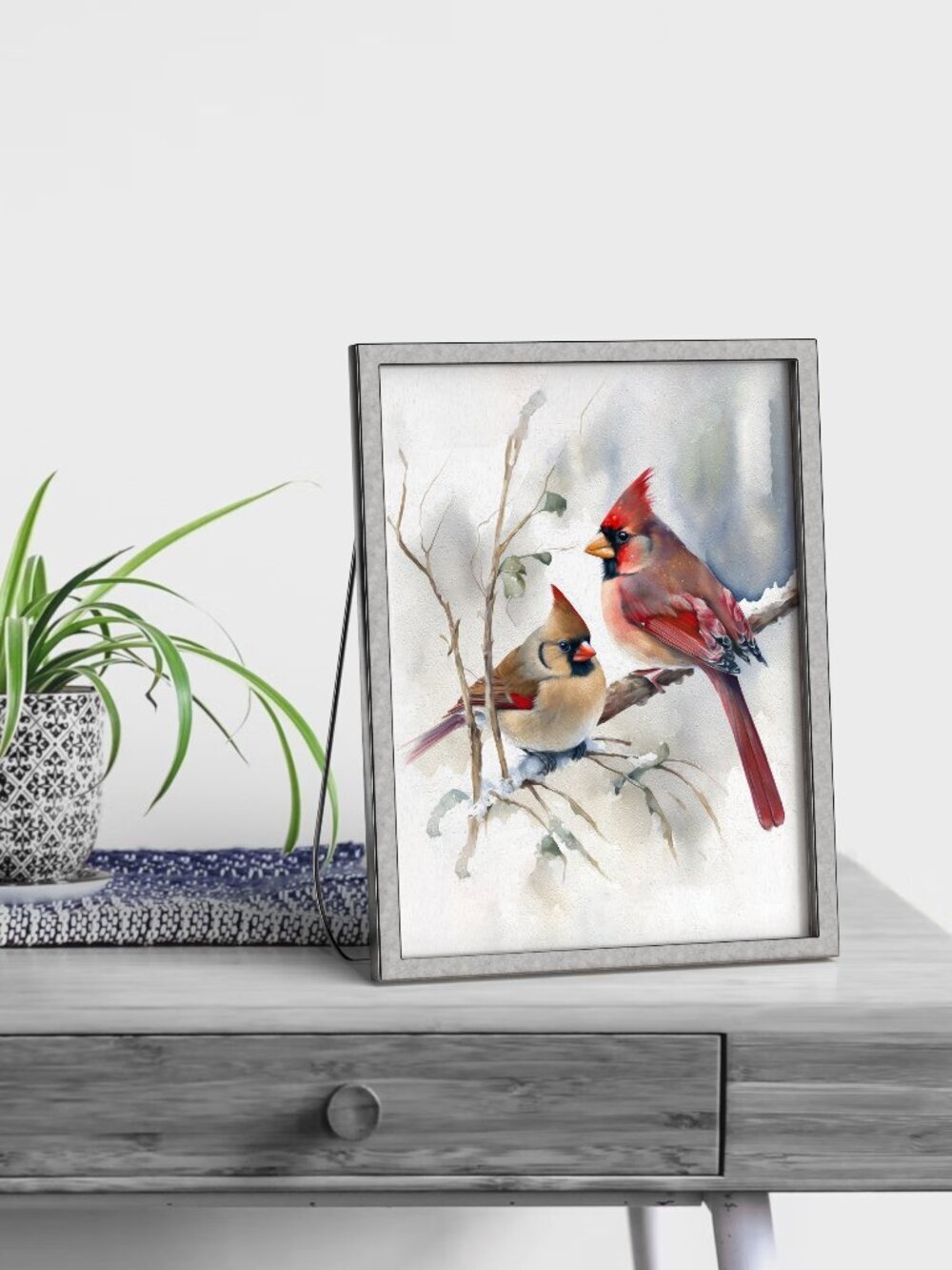5x7 Northern Red Cardinal & Female Cardinal Watercolor Oil Painting Art Print